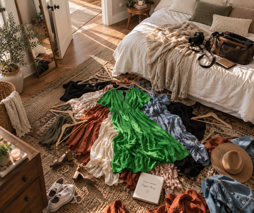 A cluttered bedroom with colorful dresses spread on a rug beside a bed and accessories, as if laid out for outfit choices.