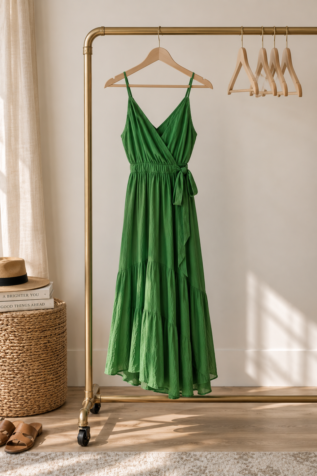 Green wrap dress on a wooden hanger hanging from a gold clothing rack with extra hangers nearby. A straw hat and books sit on a woven basket at left, and sandals on the floor.