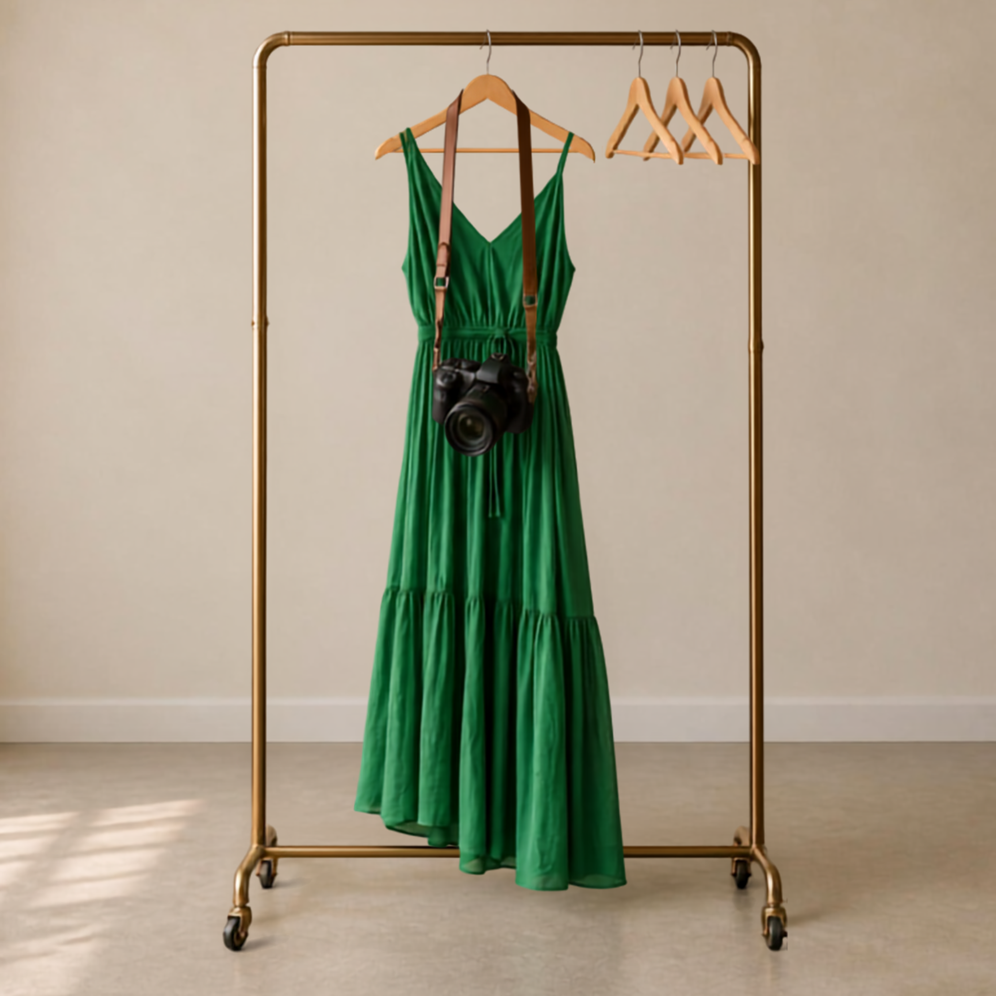 Green dress on a wooden hanger hanging from a bronze clothing rack, with a camera suspended in front as if for a fashion shoot