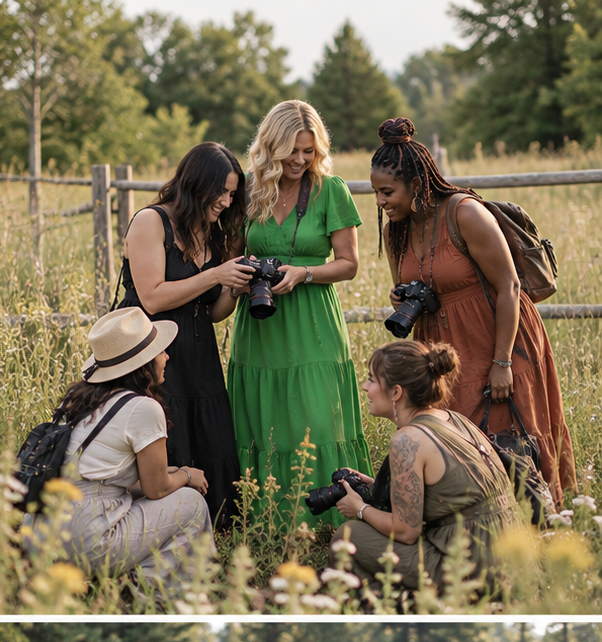 Five women in a sunlit meadow, each holding cameras and looking at photos together.